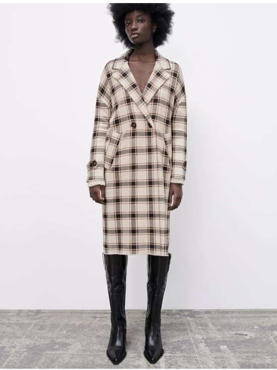 Zara Jackets & Blazers - NEW Zara Plaid Knit Ecru Cream/Brown Coat Sz M